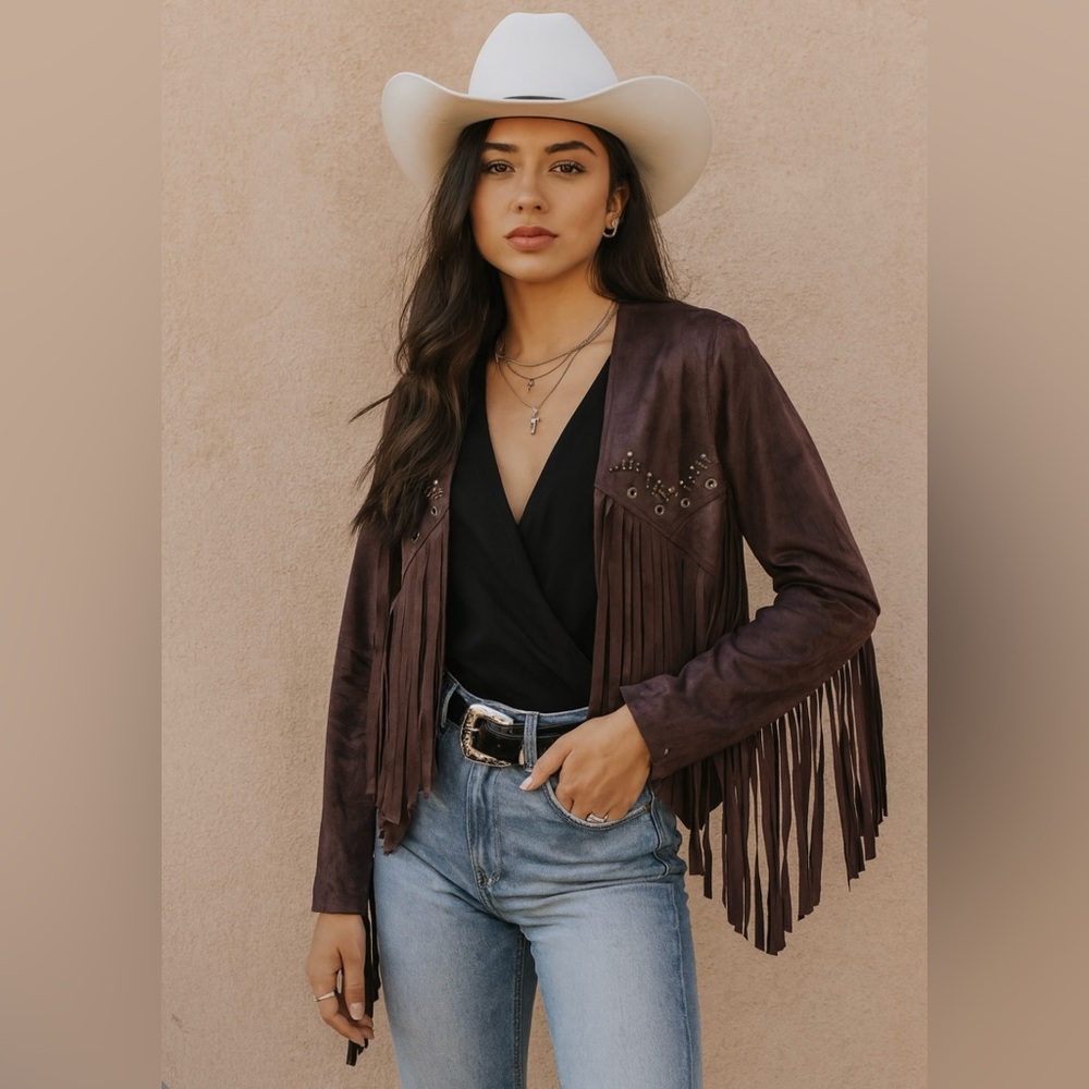 NWT Dance & Marvel Dark Brown Fringe Jacket